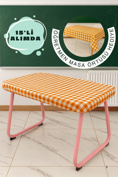 Soft Kare TURUNCU 15’li Lastikli Okul Sıra Örtüsü Seti ve Öğretmen Masa Örtüsü – Dayanıklı, Yıkanabilir