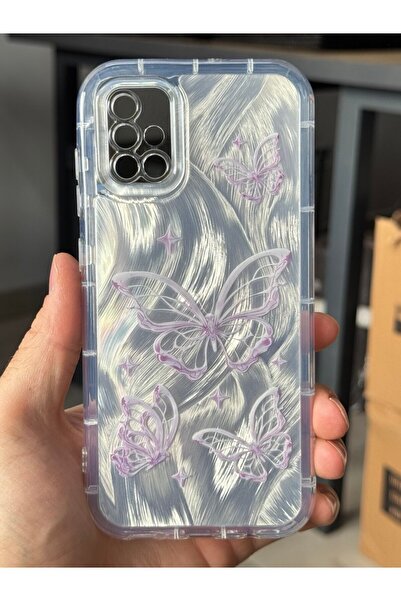 Fibaks Samsung Galaxy A71 Case Plug-In Camera Protected Glossy Hologram Butterfly Pattern Shock Absorbing