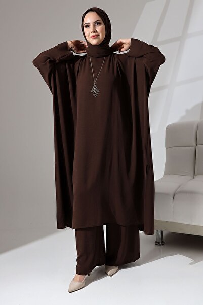 Berel Moda Yarasa Kol Yırtmaç Detaylı Salaş Yapılı Krep Aerobin Zühre Takım - Acı Kahve