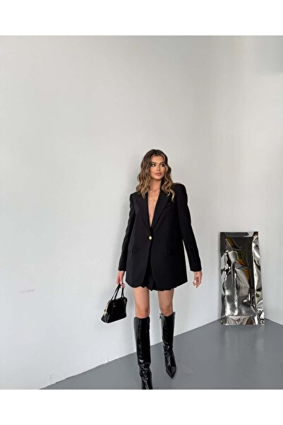 PALMİYE GİYİM Kadın Siyah Astarı Çizgili Düğme Detaylı Blazer Ceket