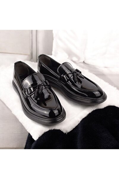 RASGO Siyah Rugan Fiyonklu Püsküllü Klasik Mokasen Ayakkabı Şık Tasarım 37 38 39 40 Numaralı