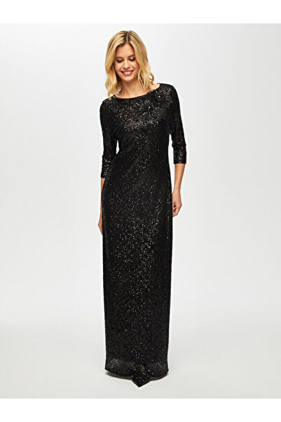 Faik Sönmez Boncuk Çiçek Aplikeli Uzun Payet Abiye Elbise 002