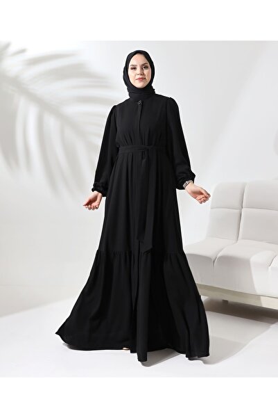 Berel Moda Balon Kol Manşeti Lastikli Eteği Fırfırlı Krep Sevde Ferace Siyah