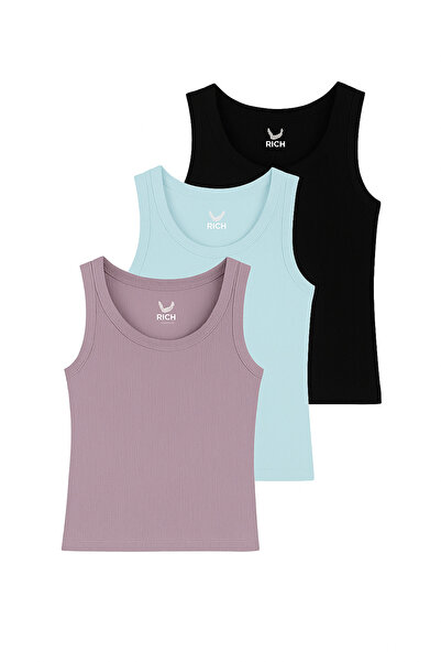 Rich Women's 3-Pack Black-Light Blue-Lilac Zero Sleeve Camisole Bodysuit-Crew Neck 100% Cotton Tank Top Blouse