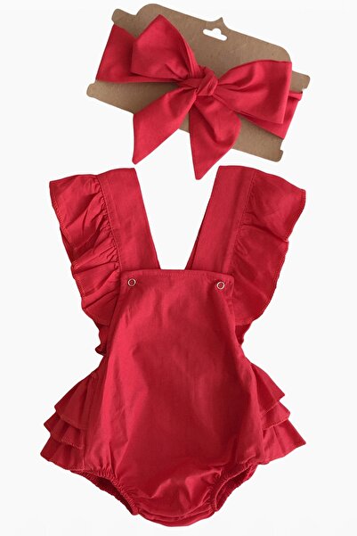 Parla Kids Red Cotton Baby Girl Salopet and Bandana Christmas Set