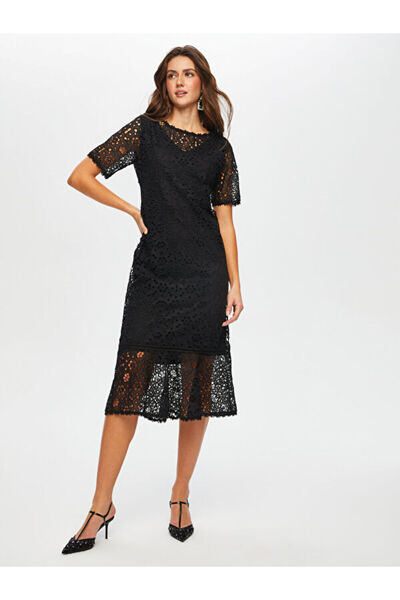Faik Sönmez Yuvarlak Yaka Kısa Kol Dantel Abiye Elbise S25ABY010