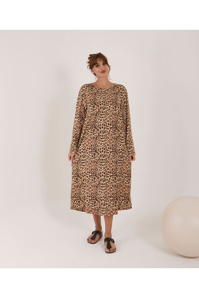 AYSUN TEKSTİL 100% Cotton Oversized Printed Cycling Collar Long Sleeve Home Dress