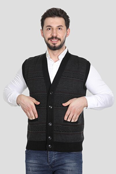 HEDEFNUR TEKSTİL سترة سوداء بأزرار من الأكريليك مع جيوب مزدوجة