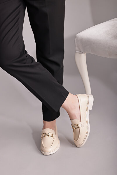 ermin Krem Kadın Loafer Makosen Zincir Detaylı Rahat Günlük Ayakkabı Şık Klasik Model Yumuşak Taban