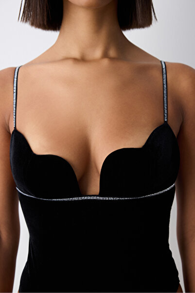 Penti Heart Cup Velvet Siyah Bodysuit