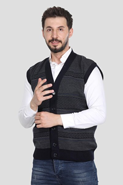 HEDEFNUR TEKSTİL سترة بابا زرقاء داكنة مع أزرار وجيوب مزدوجة