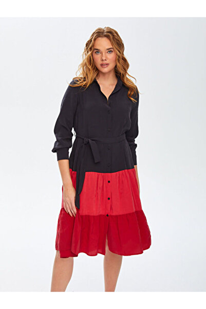 Faik Sönmez Parçalı Etekli Renk Bloklu Modallı Gömlek Elbise 69224