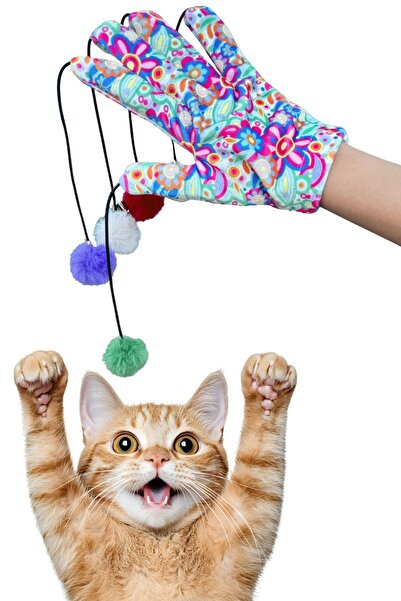 Miyav Magic Glove Pompom Cat Fishing Rod – Flower Patterned Sound Cat Toy