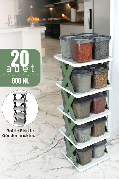 İronika Set of 20 Original Shelf with Lid Food Pulses Spice Storage Container Box 20x800ML Green