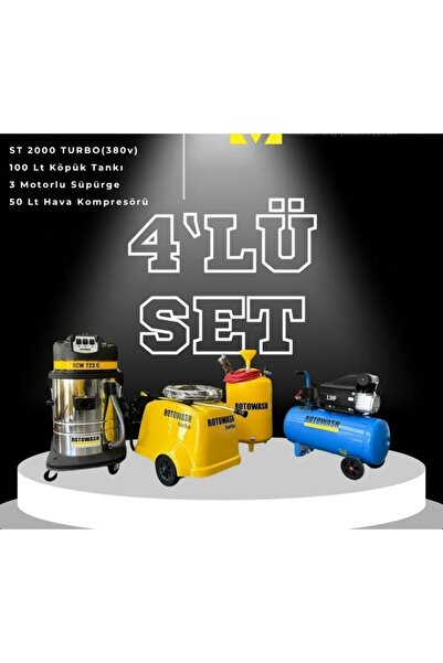 Rotowash OTO YIKAMA 4 LÜ SET 200 BAR YIKAMA +100 LT KÖPÜK+ 3 MOTORLU SÜPÜRGE+ 50 LT KOMPRESÖR
