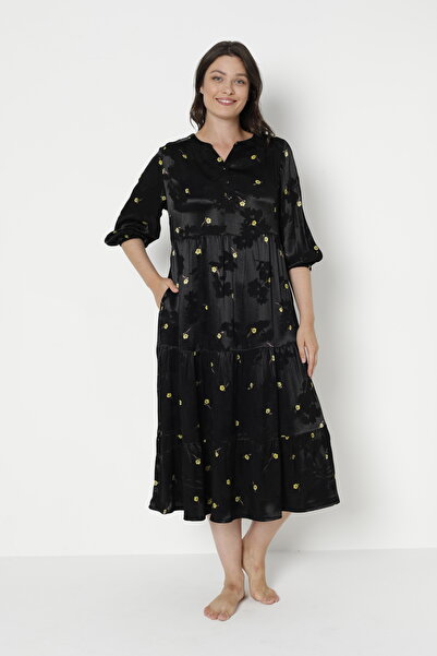 Juliet Deluxe Kadın Jakarlı Saten Pamuklu Viskon Kumaş Desenli Elbise 35067