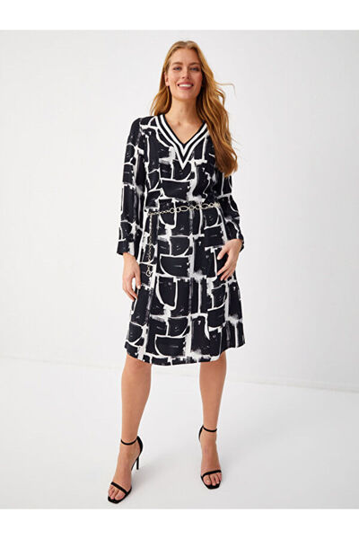Faik Sönmez Yakası Çizgili Monochrome Desen Uzun Kol Elbise 68287