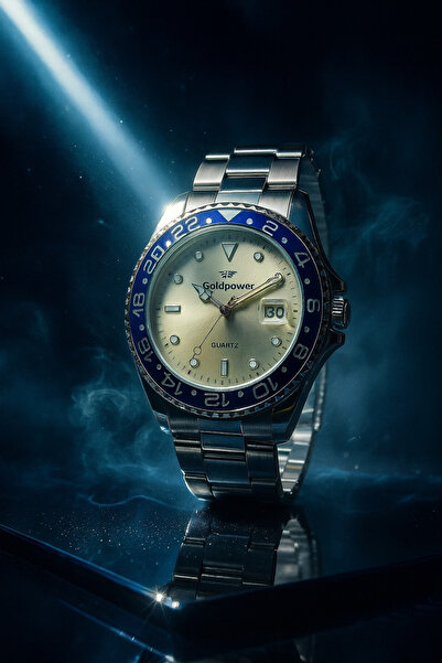 Gold Power Rolex Model Lüks Çelik Gümüş Renk Mavi Çerçeve Detaylı Takvimli Erkek Kol Saati