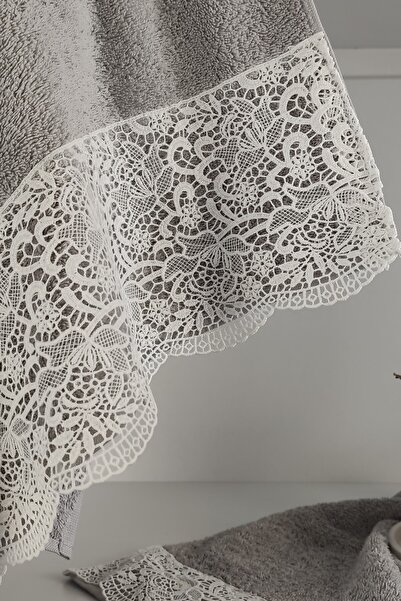 Sevim Набір банних рушників з гіпюровою мереживою - 100% бавовна - Набір для ванної кімнати - Рушник для нареченої - Сірий