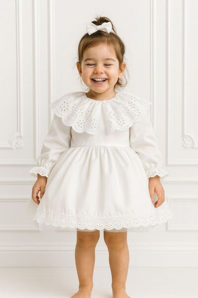 Hobidik Rochie din tul pufoasă pentru copii, albă închisă, cu decolteu cu vol...