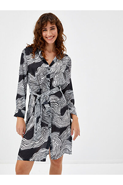 Faik Sönmez Soyut Desen Uzun Kollu Gömlek Elbise 68288