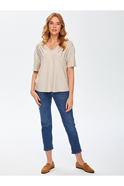 Faik Sönmez Kuşgözü Detaylı Açık O Yaka Kısa Kol T-Shirt 68623