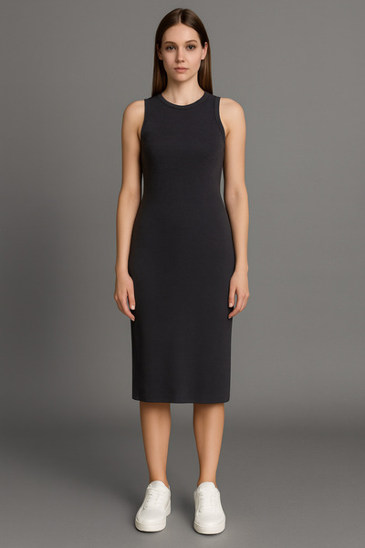 Ramior Women's Anthracite Slit Detailed Sleeveless Midi Dress