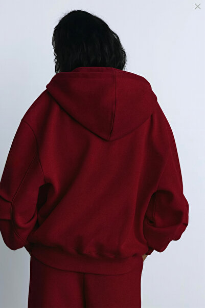 The Champ Clothing İçi Polar Oversize Kesim Kapüşonlu Fermuarlı Bordo Eşofman Takımı