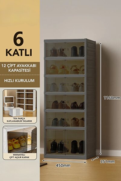 EVLE 6 Katlı Katlanabilir Ayakkabılık, Modüler Ayakkabı Dolabı, Portatif Düzenleyici,Antrasit