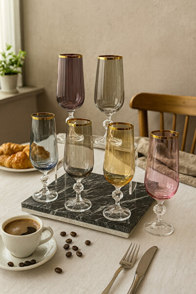 WuuQ Crystal 6 Renk Ayaklı Kahveyanı veya Meşrubat Bardağı Kristal - 180 cc