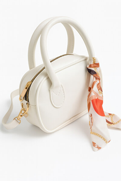 Nova White Mini Hand & Shoulder Women's Bag – Gold Zipper, Scarf Detail