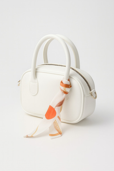 Nova White Mini Hand & Shoulder Women's Bag – Gold Zipper, Scarf Detail