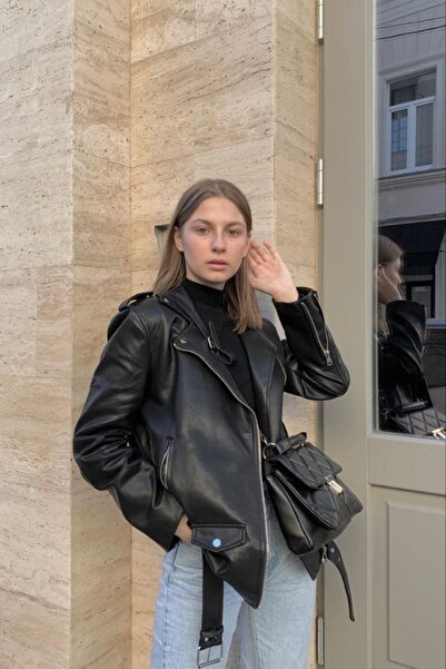 Jaglion Elvera oversized Μακρύ Γυναικείο Δερμάτινο Μπουφάν σε Μαύρο Χρώμα