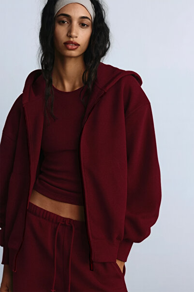 The Champ Clothing İçi Polar Oversize Kesim Kapüşonlu Fermuarlı Bordo Eşofman Takımı