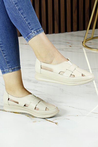 Erkan Saçmacı Aida Beige Genuine Calfskin Leather Elastic Slip-On Casual Shoes with Cutout Detail