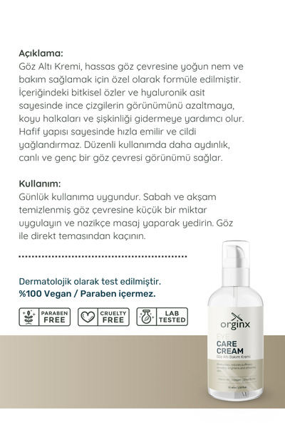 Orginx Göz Altı Torbası, Göz Çevresi Morluk Ve Ince Çizgi Karşıtı, Aydınlatıcı Gözaltı Bakım Kremi 30ml
