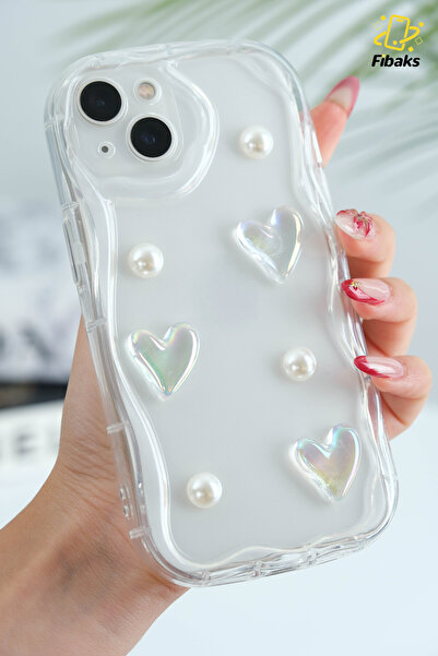 Fibaks iPhone 14 Compatible Case Designed Patterned Camera Protection 3D Heart and Pearl Design Transparent Silicone