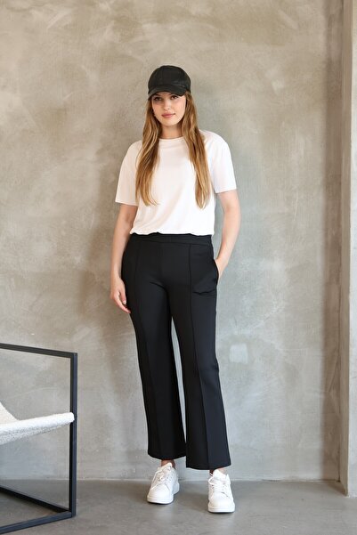 LUQAJ Women's Straight Cut Ribbed Straight Black Scuba Pocket Elastic Pants