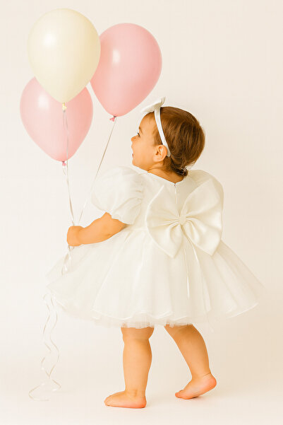 Hobidik Off White Organza Pearl Embroidered Balloon Sleeve Puffy Dress