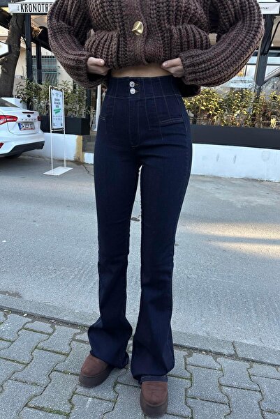 lizge giyim BEL PENS DETAYLI İSPANYOL PAÇA KOT PANTOLON