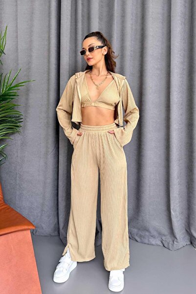 Mine Tan Butik Set triplu pentru femei cu crops - bej