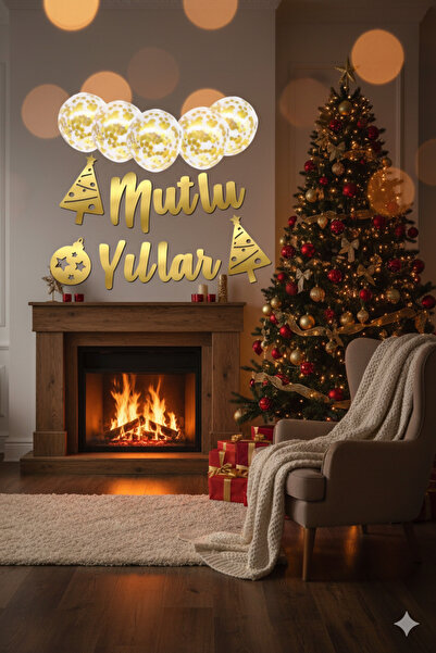 Deniz Party Store Happy New Year - New Year Gold with Transparent Confetti and Calligraphy Writing