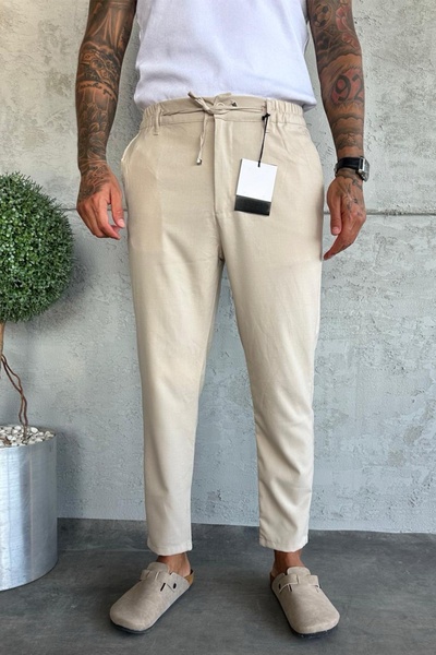 MADZEYMODA Men's Regular Fit Pleated Beige Fabric Trousers Ke-1046