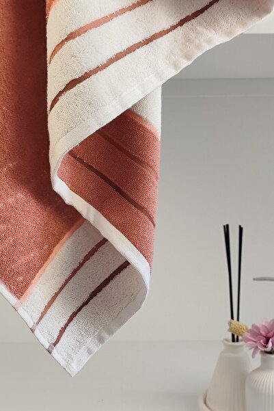 Sevim Thread Dyed 100% Cotton Bath Towel with Striped Edge - Soft & Highly Water Absorbent - 90X150 cm - Terra