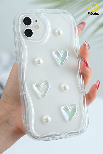 Fibaks iPhone 12 Case Designed Patterned Camera Protection 3D Heart and Pearl Design Transparent Silicone Cover