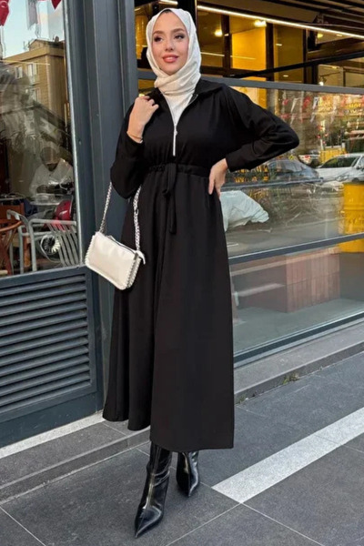 Tesettür Diyarı Φόρεμα Hijab με ριμπ πλεκτό ύφασμα με φερμουάρ-Μαύρο