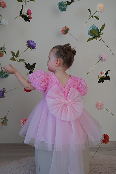 ALYRA Kız Bebek Elbise Kısa Kollu Fiyonklu Güllü Doğum Günü Parti Düğün Özel ...