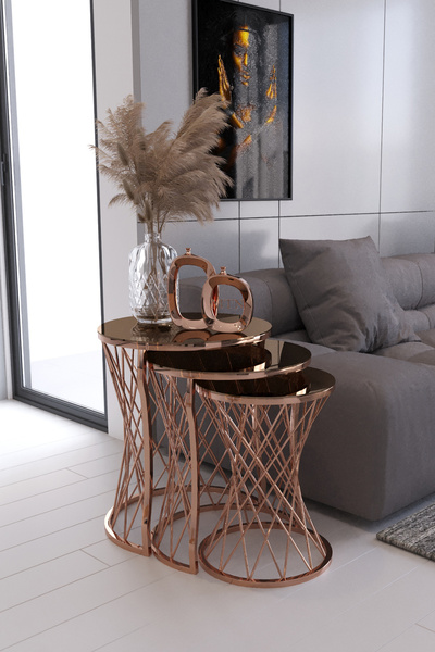 ysnn aksesuar ENJOY 3'LÜ BAKIR RENK BRONZ AYNA ZİGON SEHPA