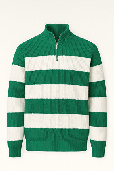 Valiberta Ανδρικό πουλόβερ Pedro Oversize ριγέ Σελανίκι με μισό φερμουάρ - Πράσινο