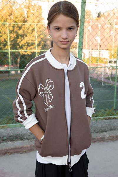 Cansın Mini Brown Beautifull Written Sleeve Stripe Girl's College Cardigan 21193